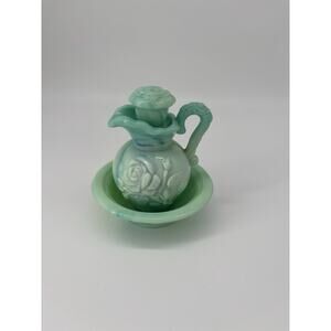 Vintage AVON Jadeite Green Pitcher & Bowl Set Rose Stopper 5.5”
